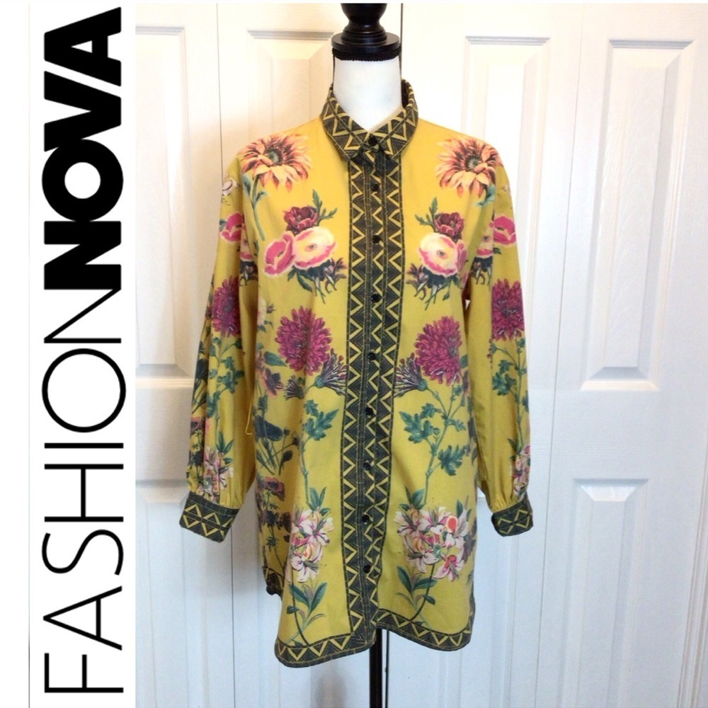 Fashion Nova Womens Yellow Floral Print Button Up Shirt Size Small